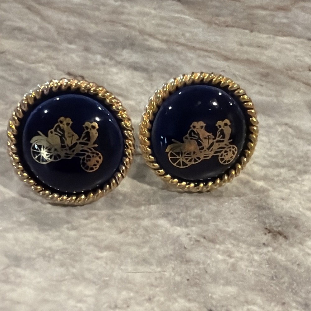 MCM Swank Social Cobalt Blue Enamel Gold Plate Rope Open Motorcar Cufflinks 3/4"